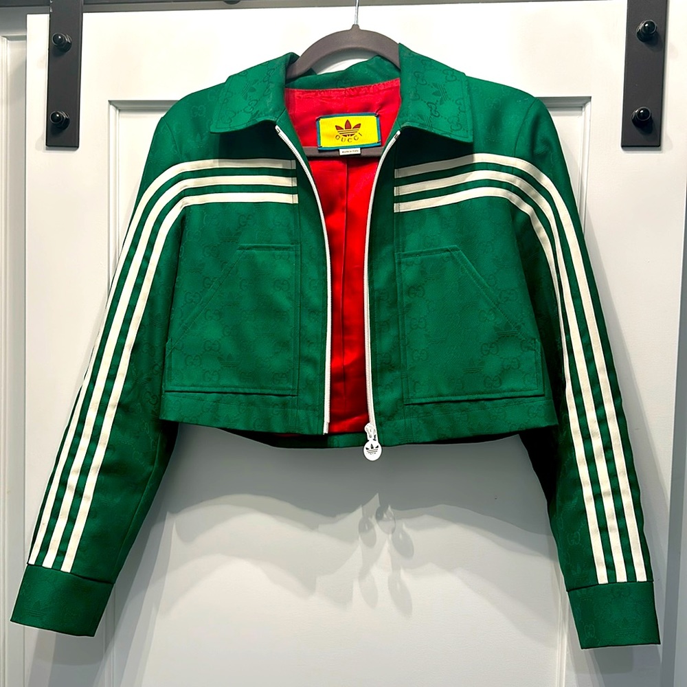 Gucci x Adidas green jacquard cropped jacket